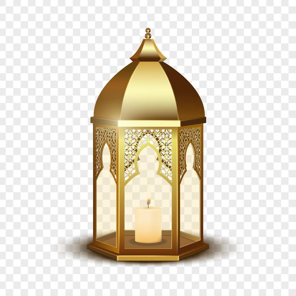 Gold vintage lantern arabic style with candle. Vector illustration