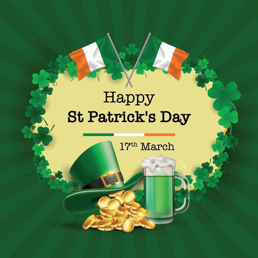 vector illustration of St.Patrick 's Day with hat, gold coins, beer, cover and irish flag