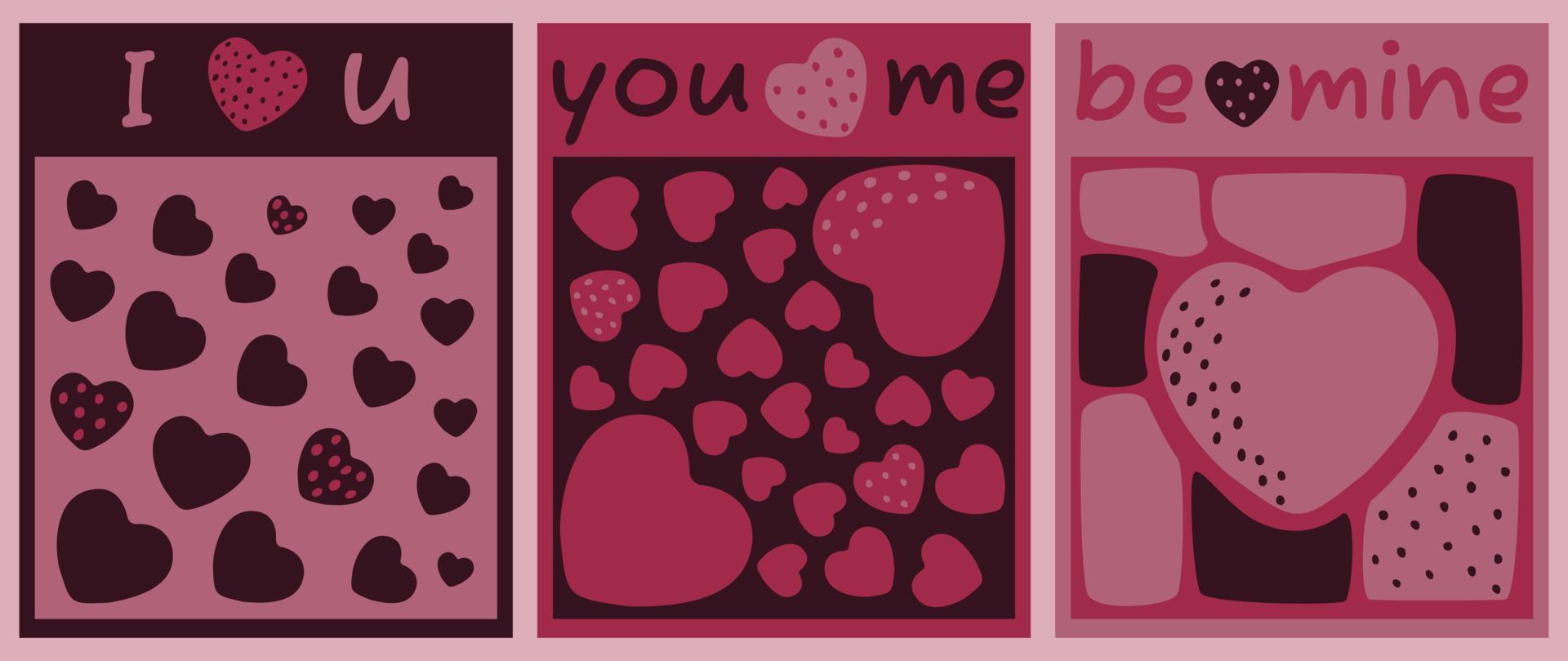 Vector illustration of love, hearts. Recognition cards - I love you, you and me, be mine. Postcards, greetings, posters in the style of minimalism.