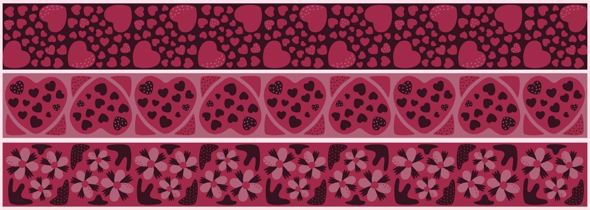 A set of edging, ribbons, borders of hearts, flowers. Seamless pattern, ornament, decoration on the theme of love romance. Vector illustration.