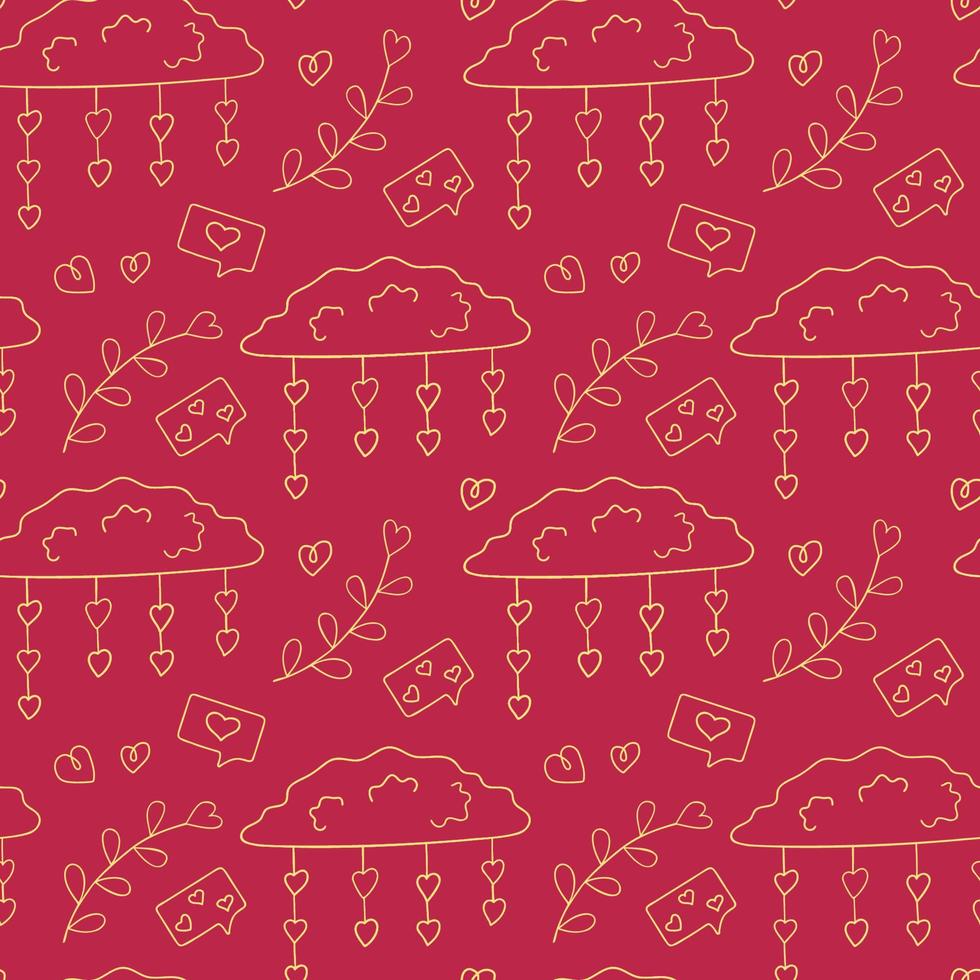 Seamless pattern with clouds and hearts, a love SMS message, a heart-shaped plant. Seamless vector pattern in doodle style. Template for fabric, textiles, wrapping paper, wallpaper and other things.