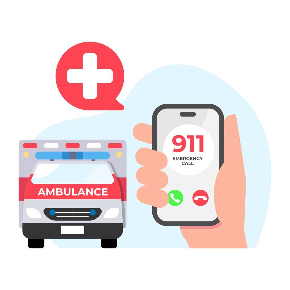 call ambulance via mobile phone device, emergency call 911 concept illustration flat design vector icon, infographic, poster, etc