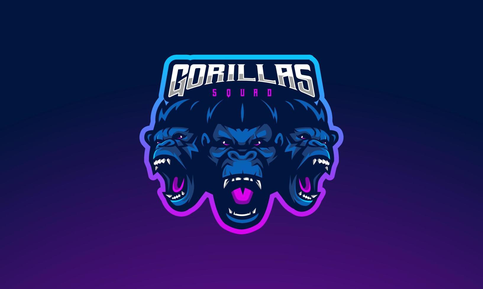 ilustración de diseño de logotipo de mascota de juego de esport de gorila. tres gorilas alborotan para el escuadrón de tu equipo vector