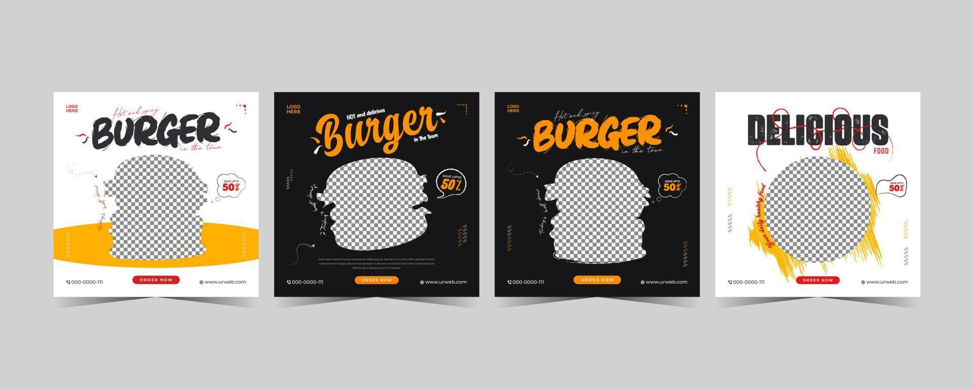 publicación de alimentos en las redes sociales. plantilla de vector de diseño de banner de medios sociales de hamburguesa. tamaño cuadrado