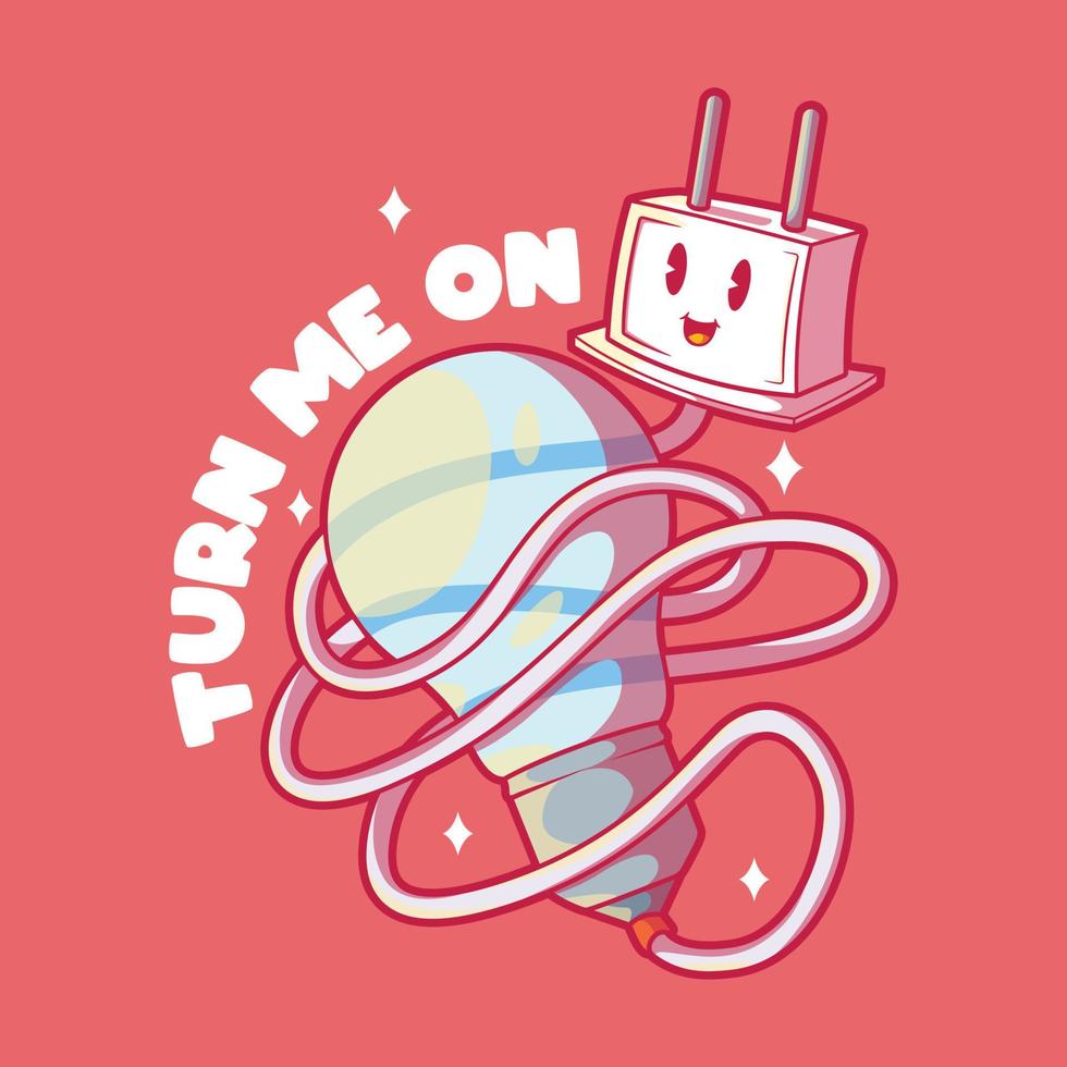 Electricity Plug character connected to a light bulb vector illustration. Energy, power, innovation design concept.