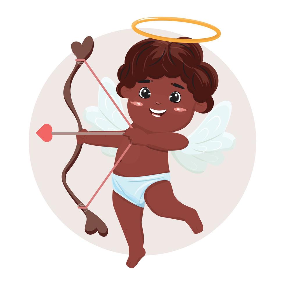 Cupido negro con arco y flecha. feliz día de san valentín ilustración. para tarjetas, carteles, pancartas, impresiones. vector