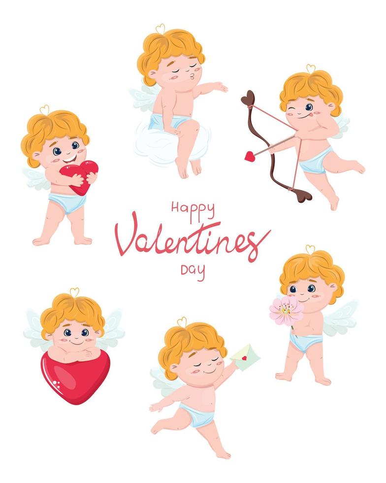 Cupids collection in flat style. Cute group of cupids in love vector