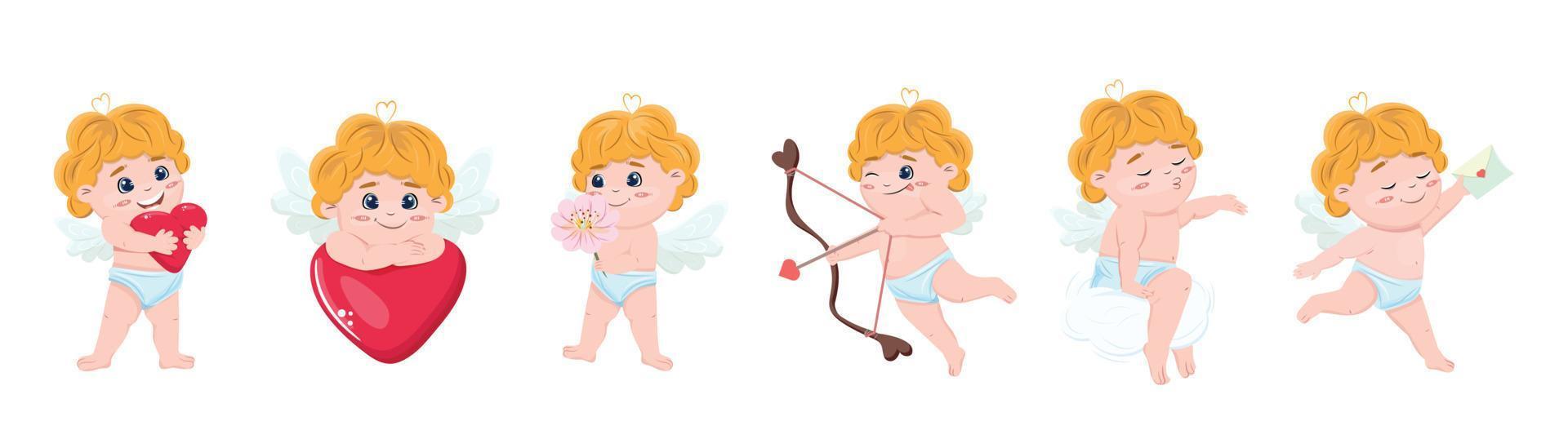 Cupids collection in flat style. Cute group of cupids in love vector