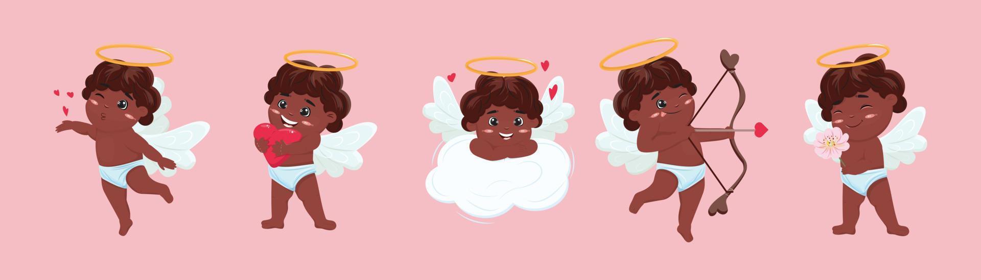 Collection of black cupid characters in flat cartoon style. Cute group of cupids in love vector