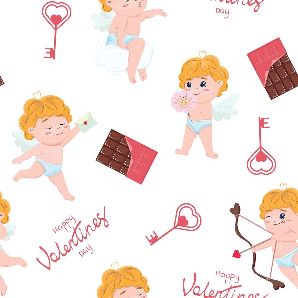 Background with cupid characters in different poses. Vector seamless pattern