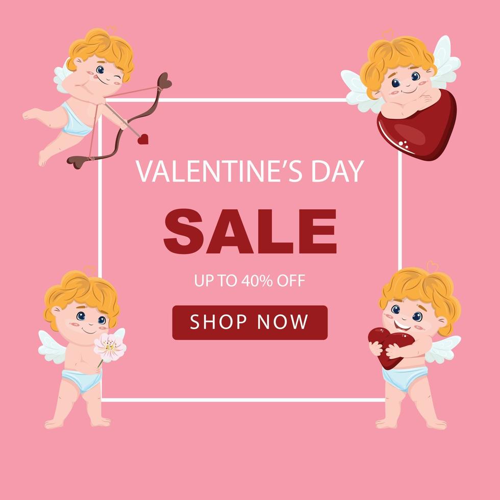 Advertisement template for Happy Valentines day with cute cupids. For cards, vouchers, banners. backgrounds, promotions. Vector template with the adorable cupid.