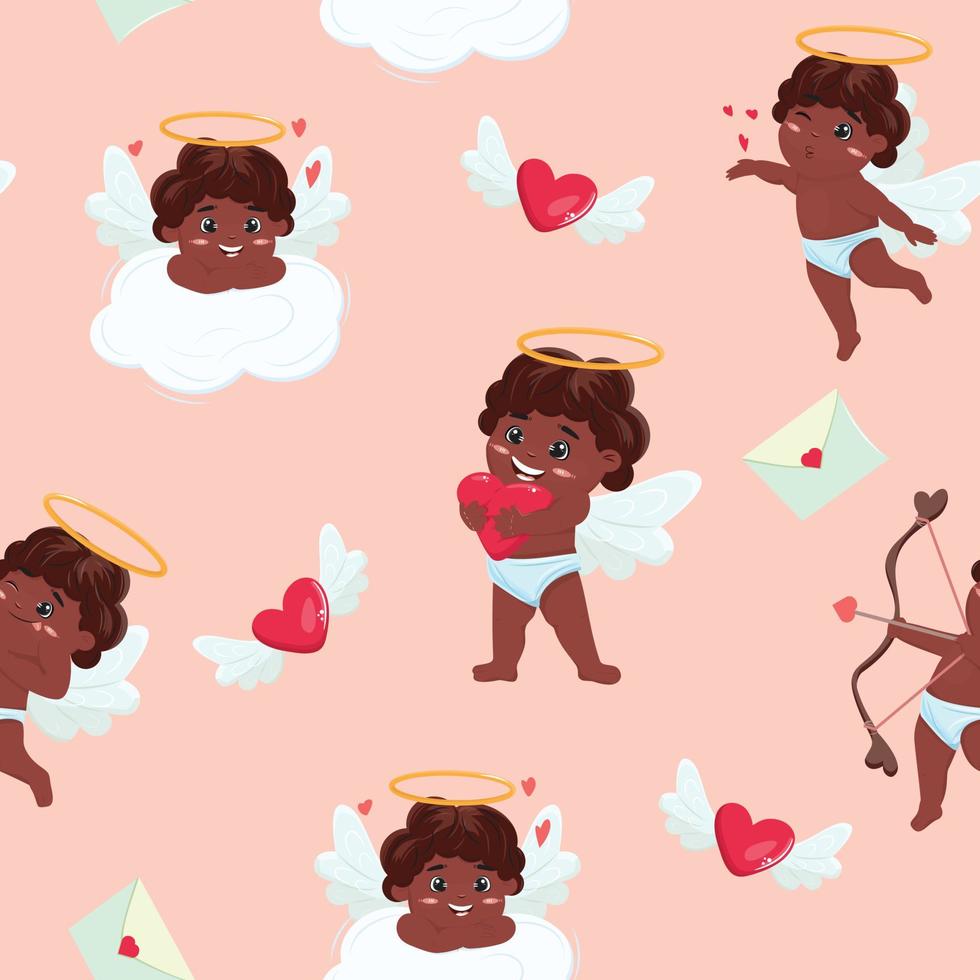 fondo con lindos personajes de cupido negro, corazones y sobre sobre fondo rosa. vector