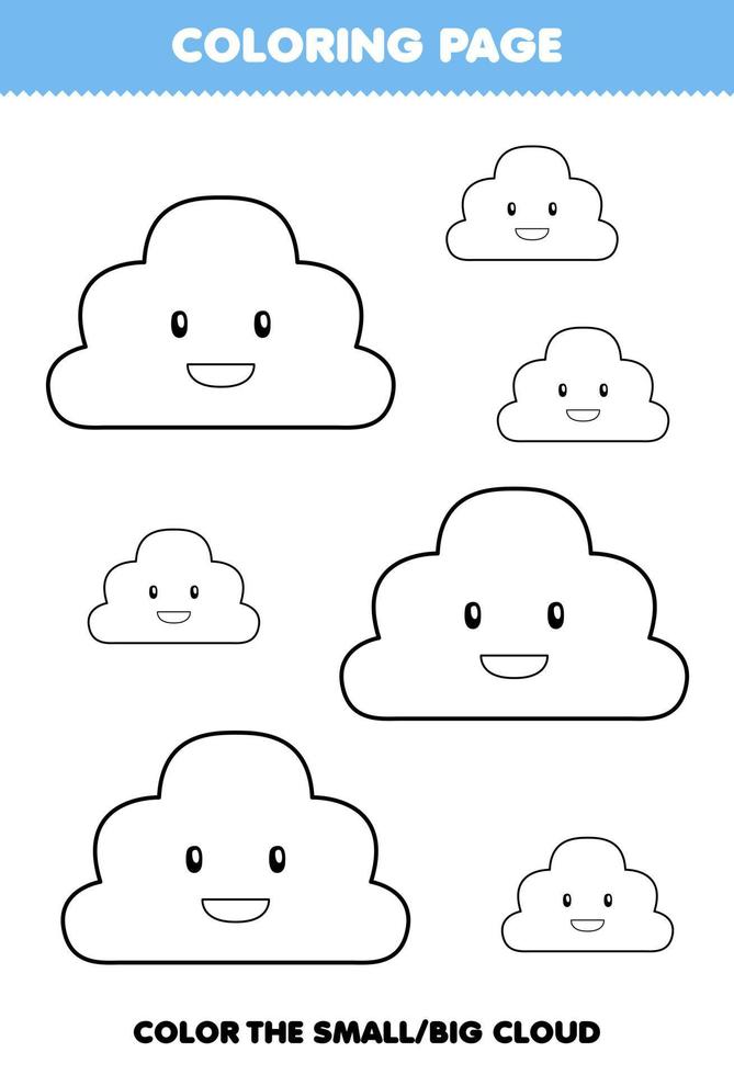 Education game for children coloring page big or small picture of cute cartoon cloud line art printable nature worksheet vector