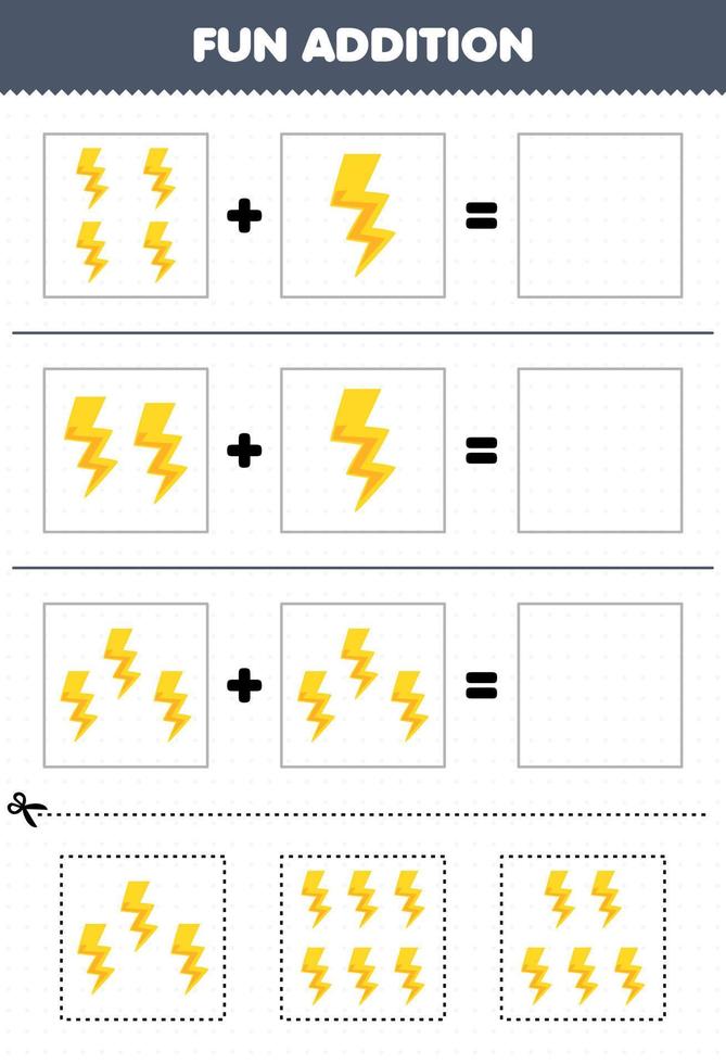 Education game for children fun addition by cut and match of cute cartoon thunder pictures for printable nature worksheet vector