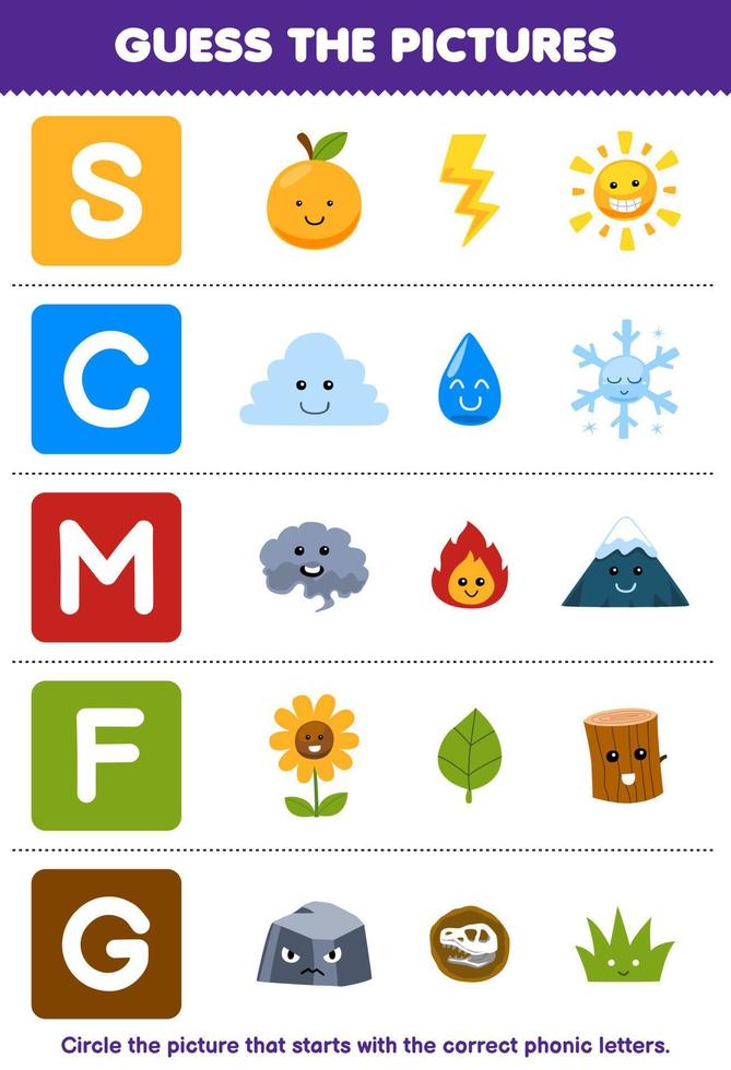 Education game for children guess the correct picture for phonic word that starts with letter S C M F and G printable nature worksheet vector
