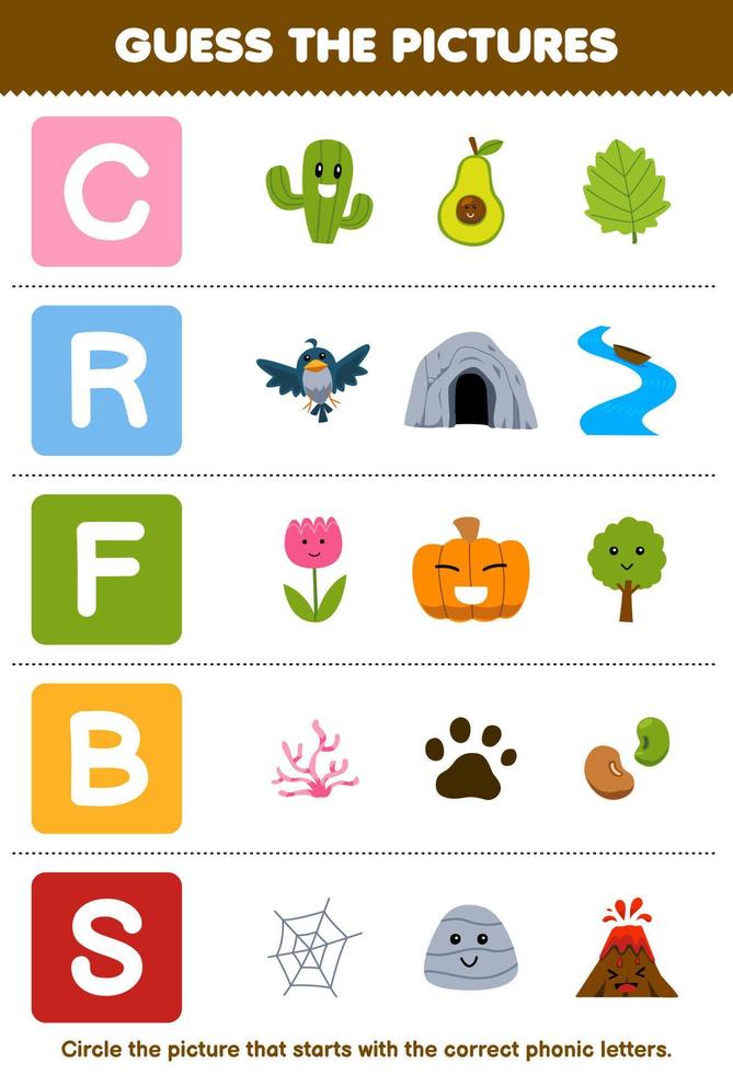 Education game for children guess the correct picture for phonic word that starts with letter C R F B and S printable nature worksheet vector