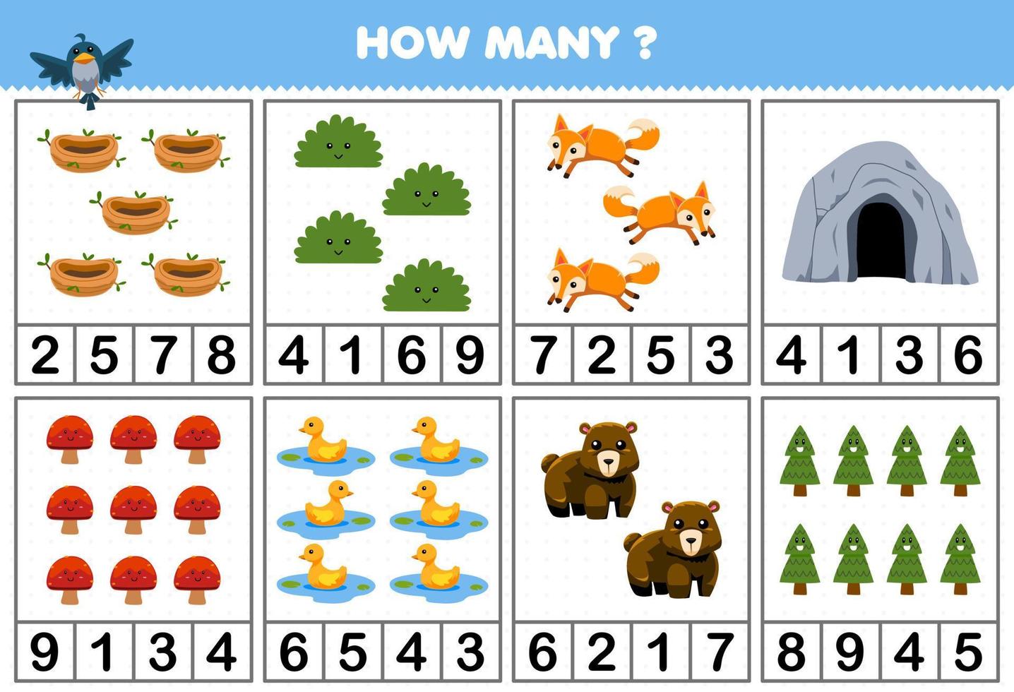 juego educativo para niños contando cuántos dibujos animados lindo pájaro nido zorro zorro oso cavernario en cada mesa hoja de trabajo de naturaleza imprimible vector