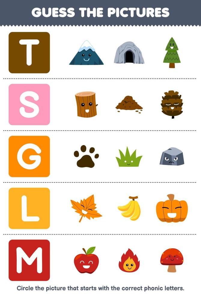 Education game for children guess the correct picture for phonic word that starts with letter T S G L and M printable nature worksheet vector
