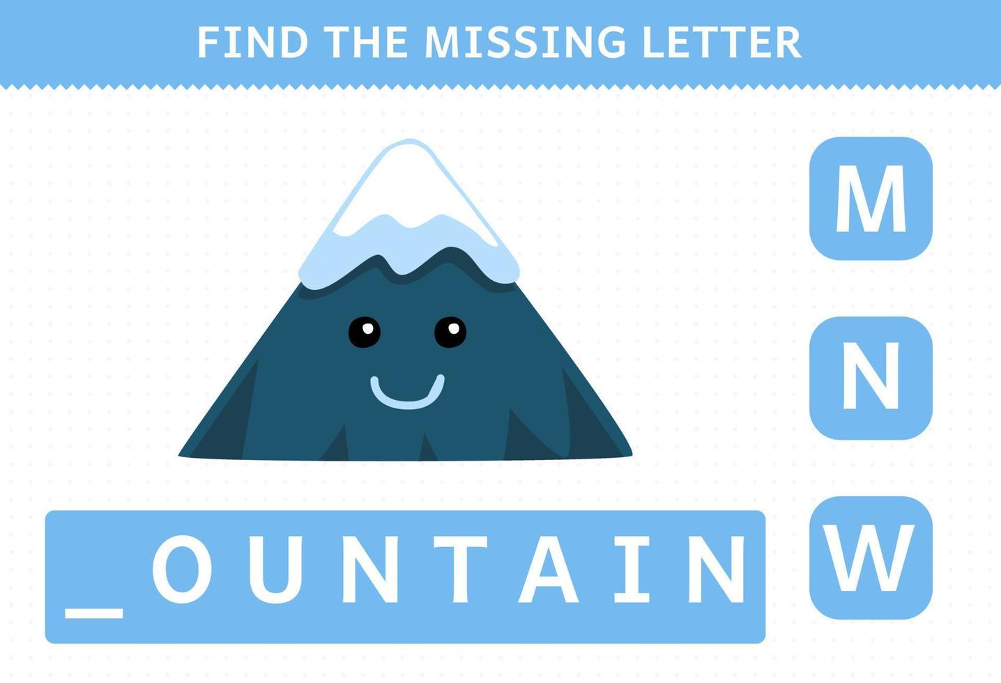 Education game for children find missing letter of cute cartoon mountain printable nature worksheet vector