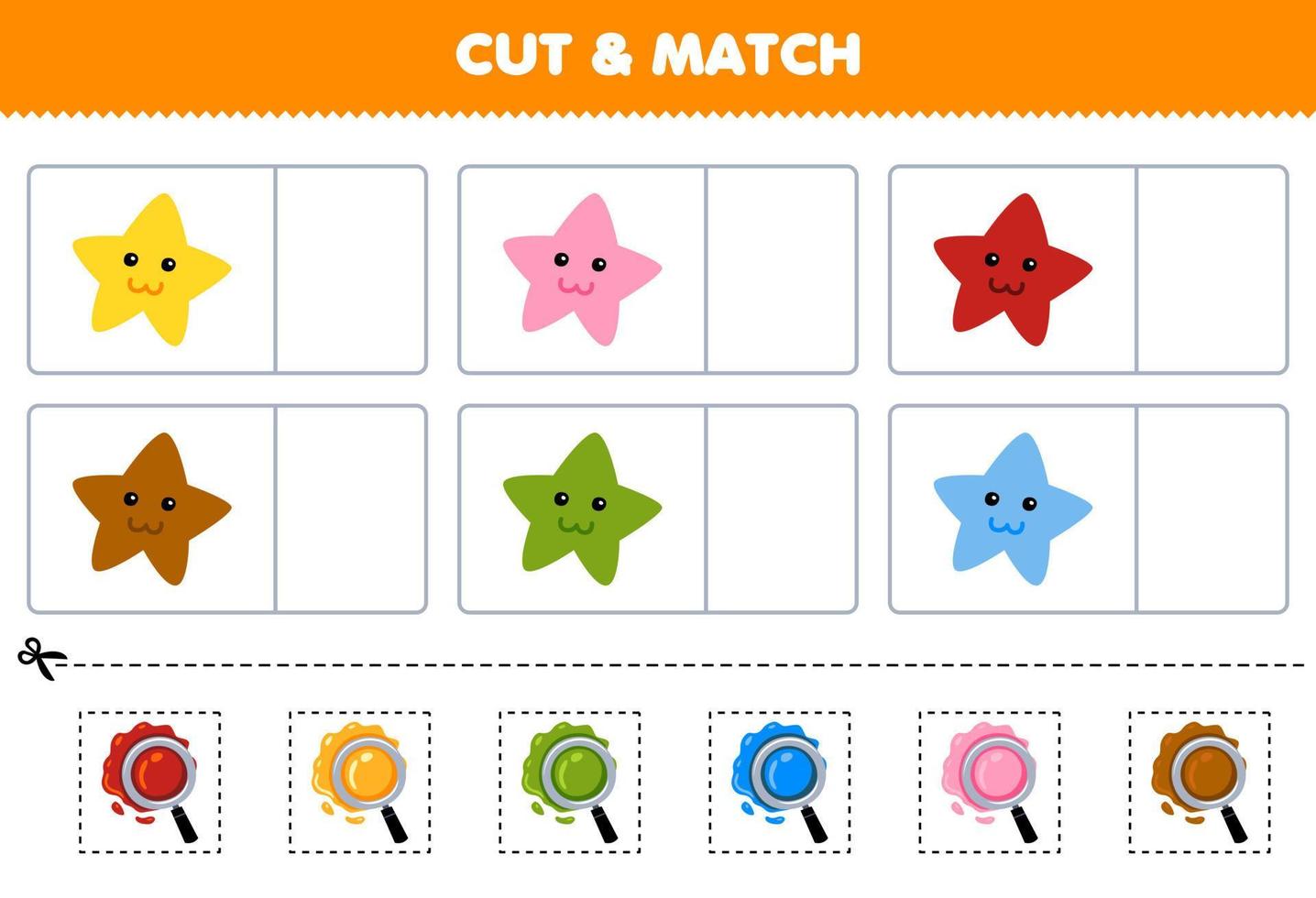 Education game for children cut and match the same color of cute cartoon star printable nature worksheet vector
