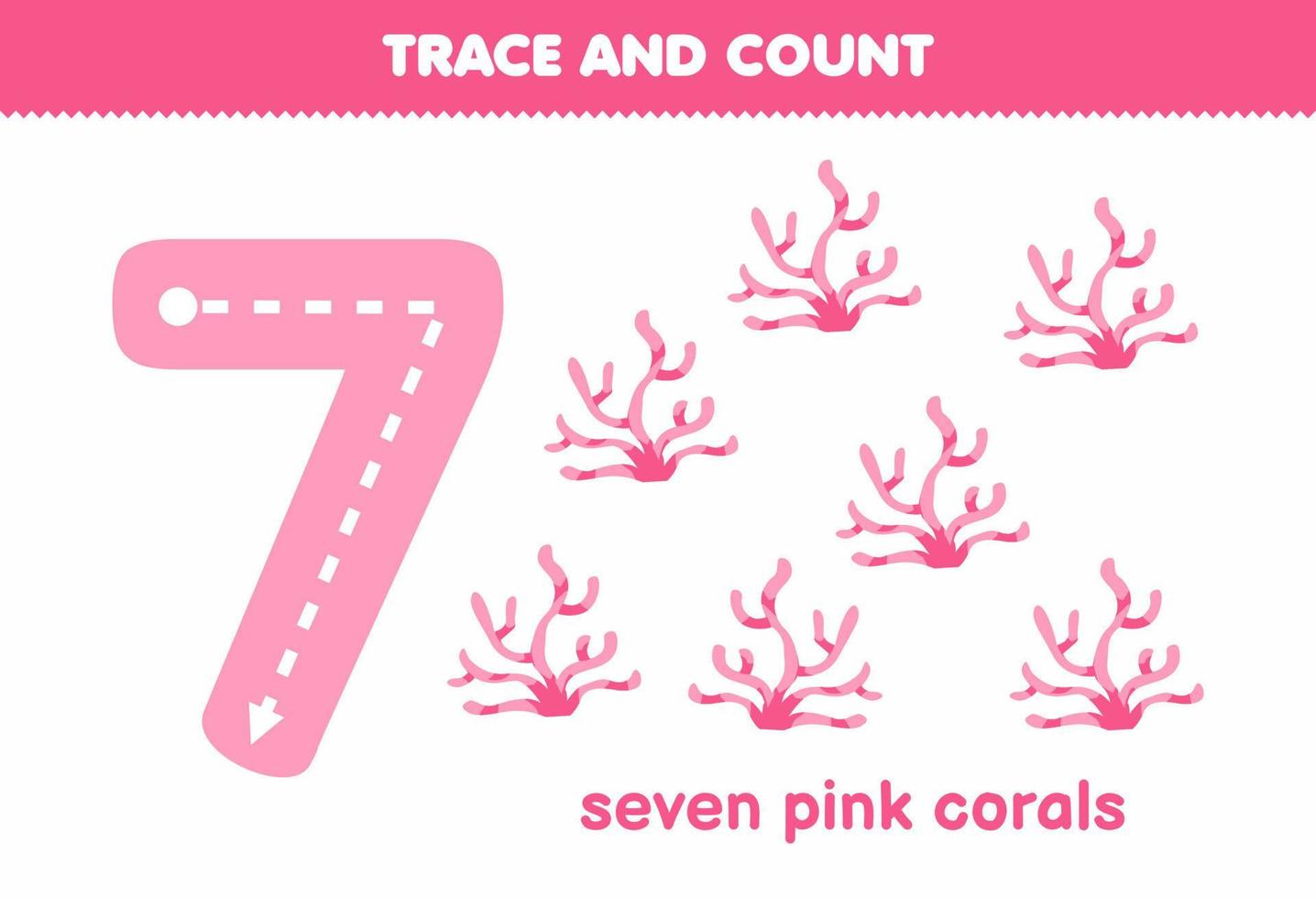 Education game for children tracing number seven and counting of cute cartoon pink coral printable nature worksheet vector