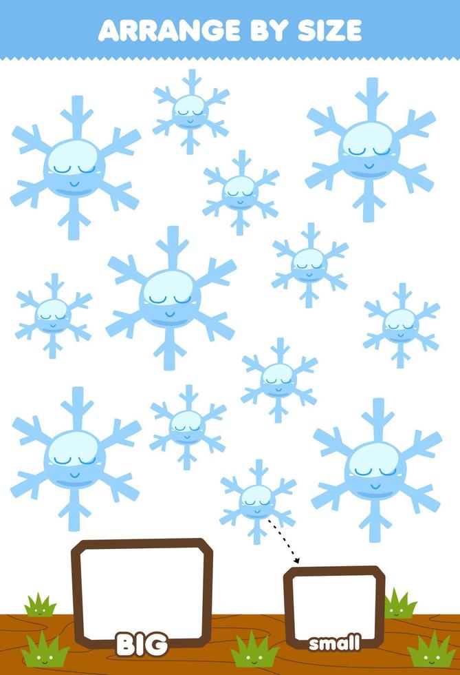 Education game for children arrange by size big or small put it in the gift box of cute cartoon snowflake printable nature worksheet vector