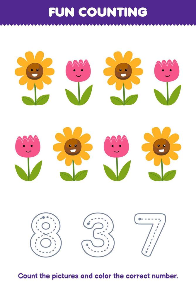Education game for children count the pictures and color the correct number from cute cartoon flower printable nature worksheet vector