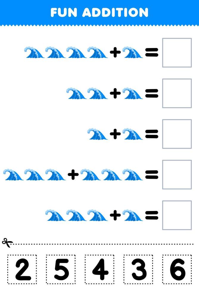 Education game for children fun addition by cut and match correct number for cute cartoon wave printable nature worksheet vector