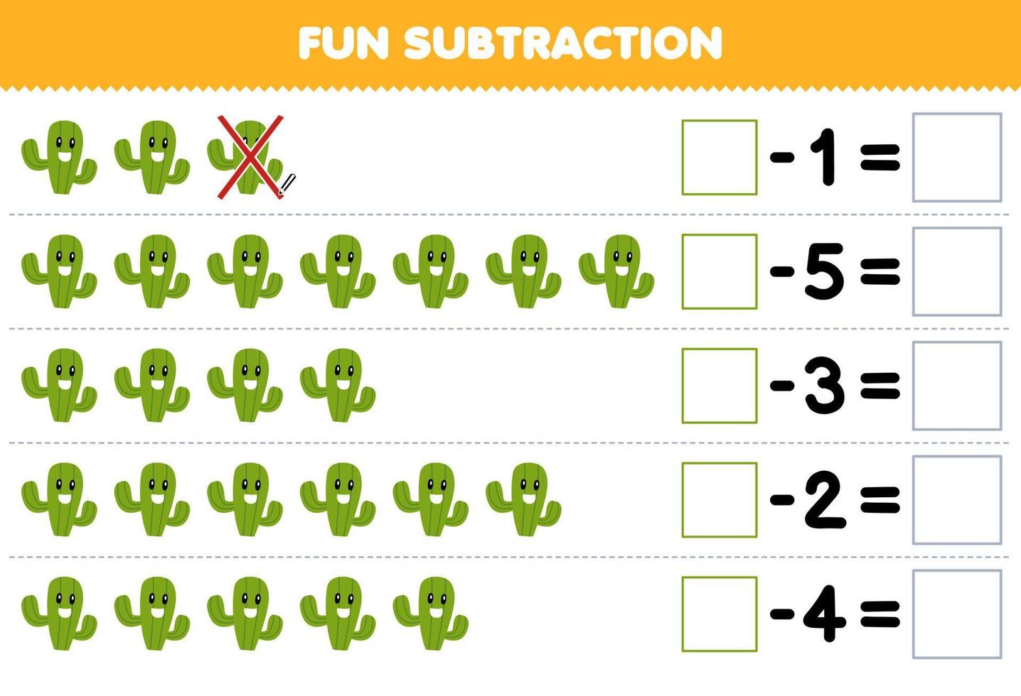 Education game for children fun subtraction by counting cute cartoon cactus each row and eliminating it printable nature worksheet vector