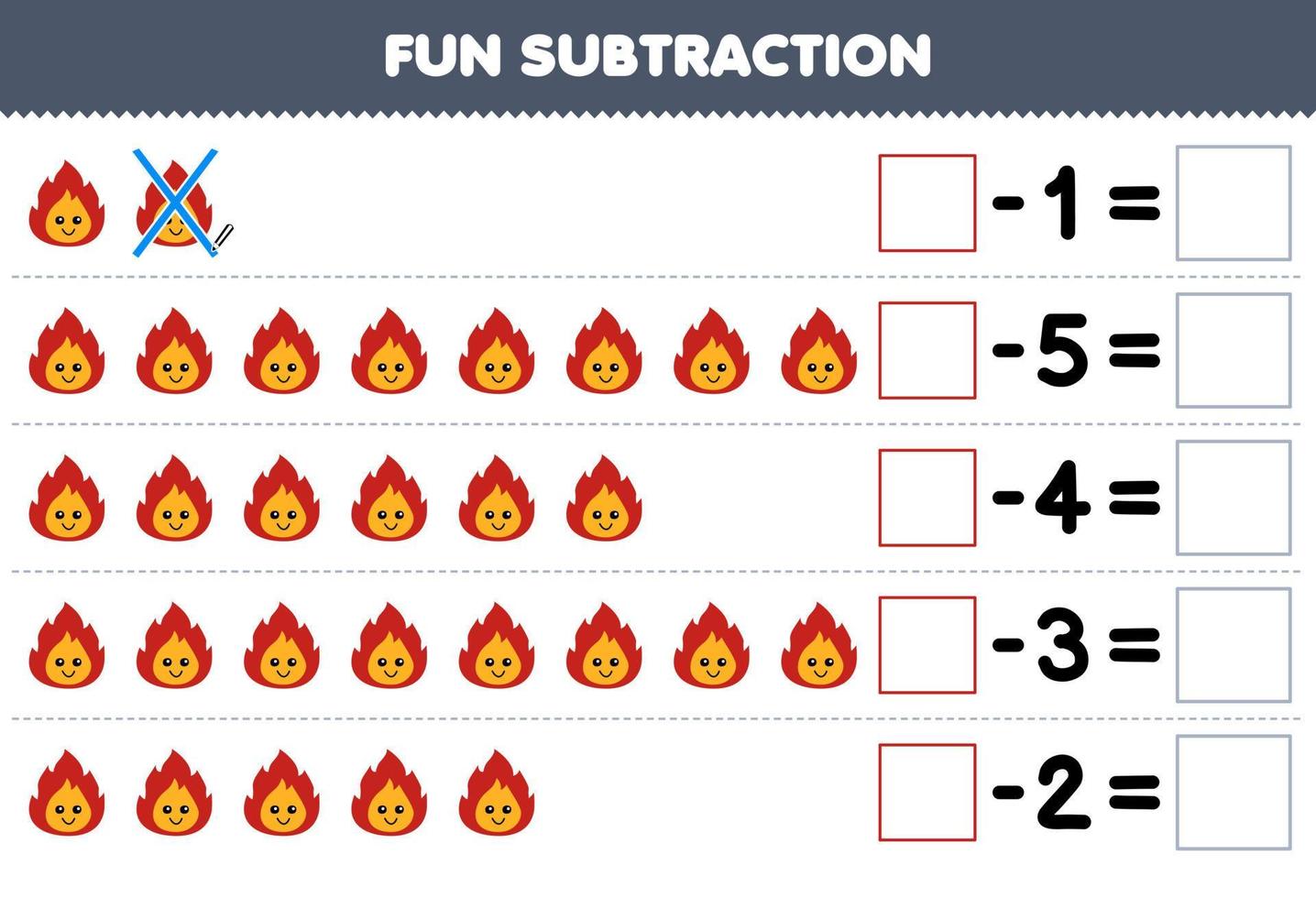 Education game for children fun subtraction by counting cute cartoon fire each row and eliminating it printable nature worksheet vector