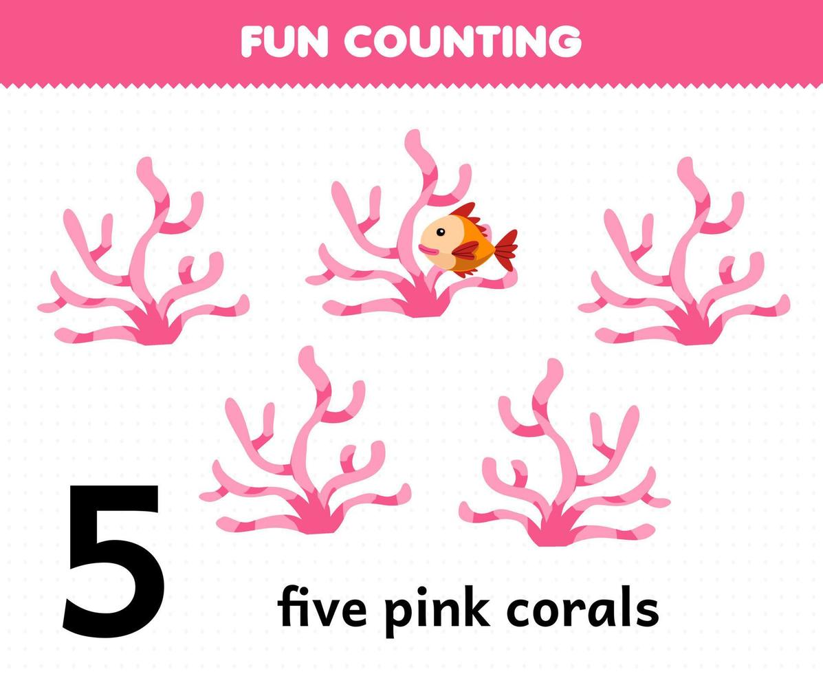 Education game for children fun counting five pink corals printable nature worksheet vector