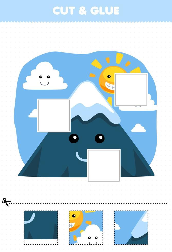 Education game for children cut and glue cut parts of cute cartoon mountain cloud sun and glue them printable nature worksheet vector