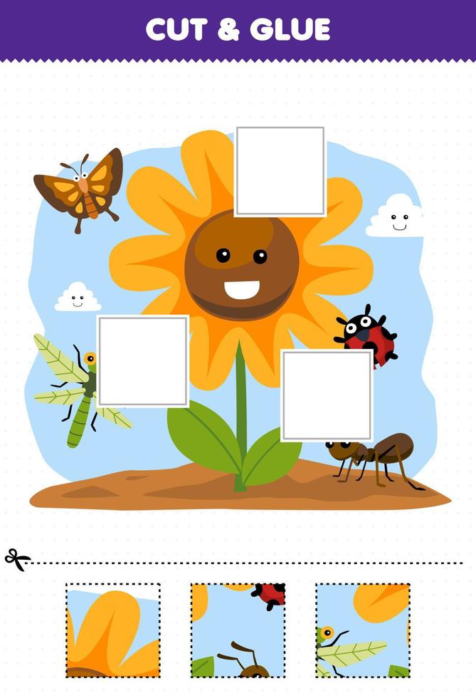Education game for children cut and glue cut parts of cute cartoon flower surrounded by bugs and glue them printable nature worksheet vector