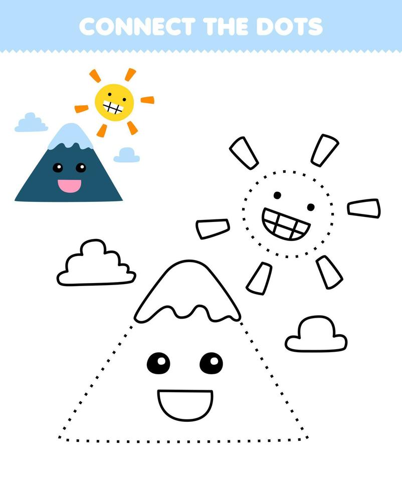 Education game for children connect the dots and coloring practice with cute cartoon mountain and sun printable nature worksheet vector