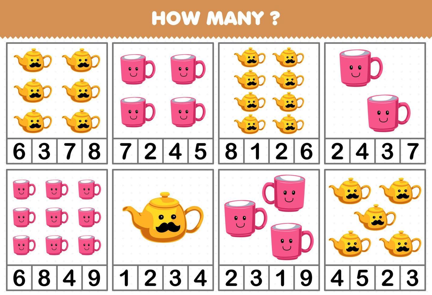 Education game for children counting how many cute cartoon teapot or mug in each table printable tool worksheet vector