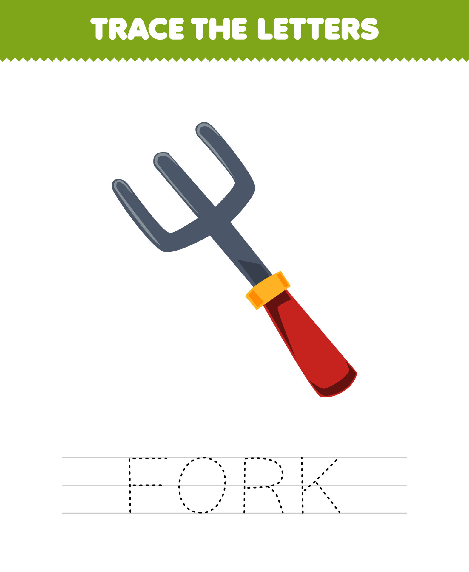 Education game for children trace the letter of cute cartoon fork