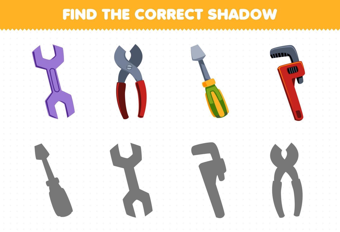 Education game for children find the correct shadow set of cute cartoon spanner pliers screwdriver wrench printable tool worksheet vector