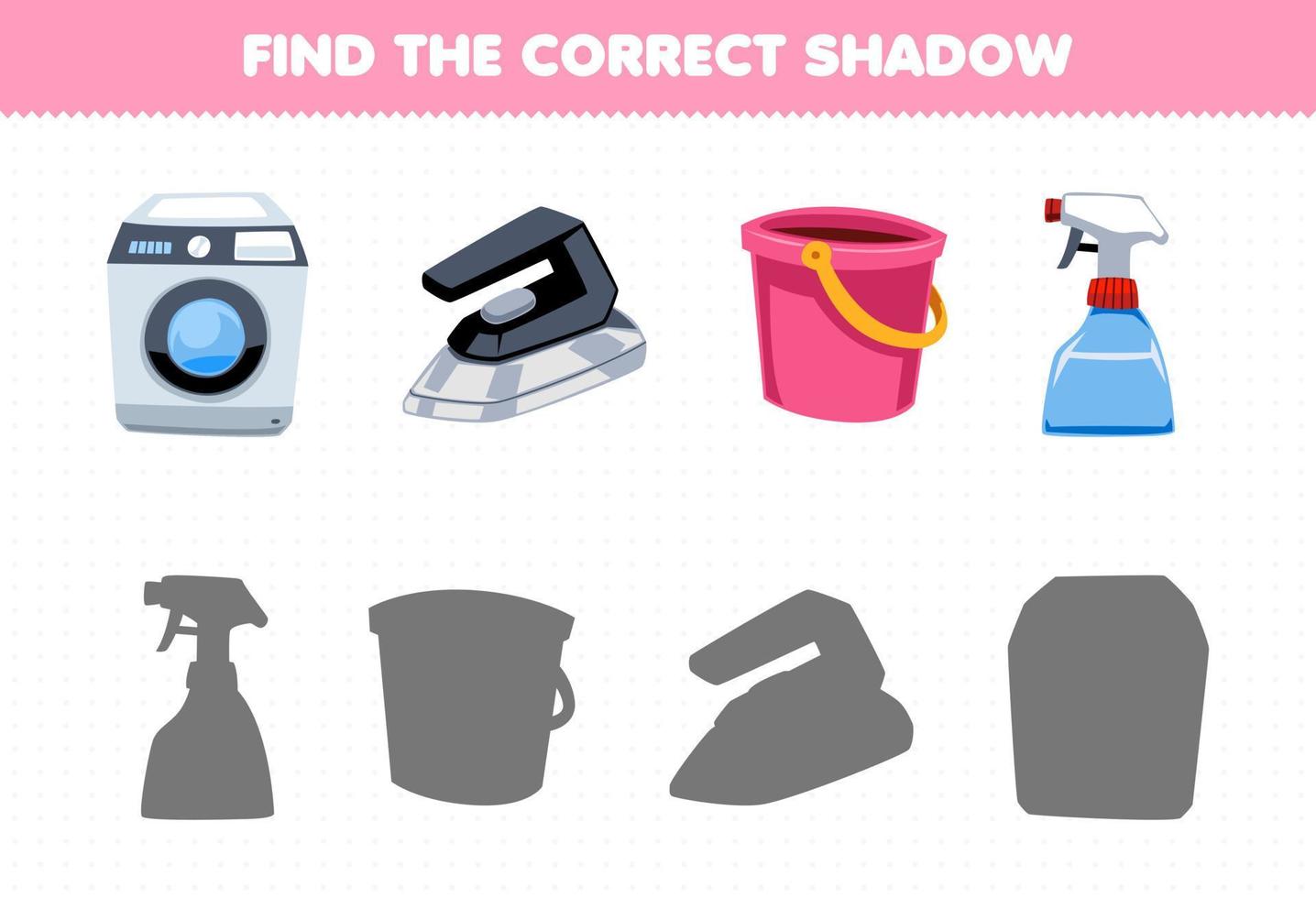 Education game for children find the correct shadow set of cute cartoon washing machine iron sprayer bucket printable tool worksheet vector