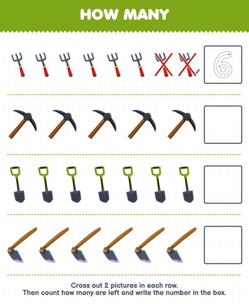 Education game for children count how many cute cartoon fork pickaxe shovel hoe and write the number in the box printable tool worksheet vector