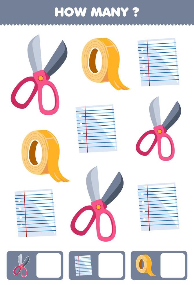 Education game for children searching and counting how many objects of cute cartoon scissor paper tape printable tool worksheet vector