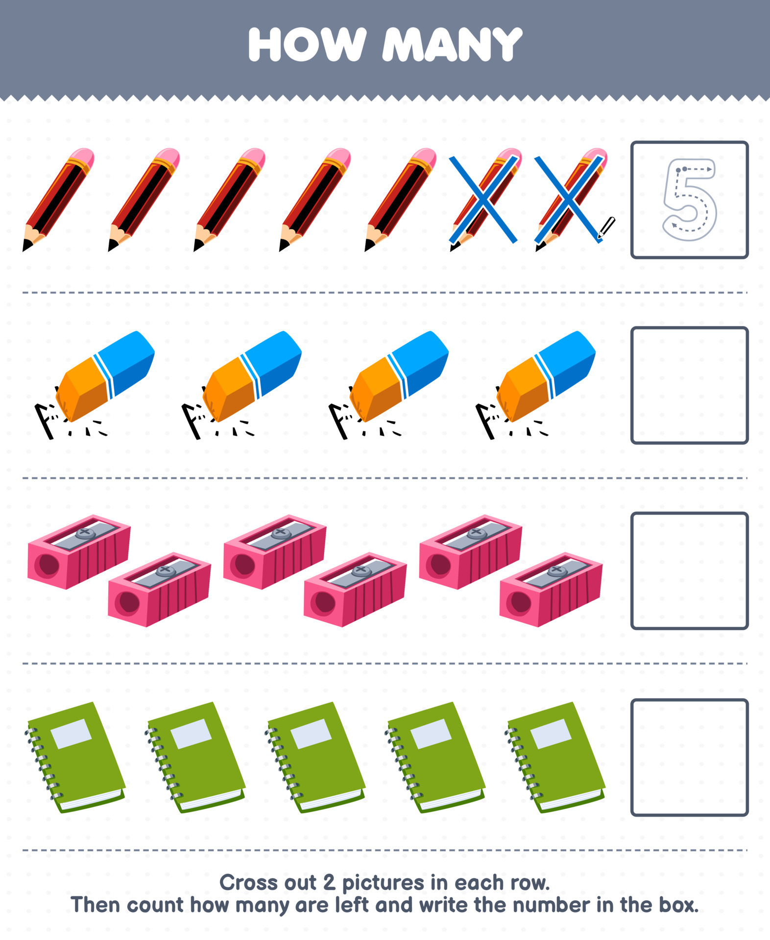 Education game for children count how many cute cartoon pencil eraser