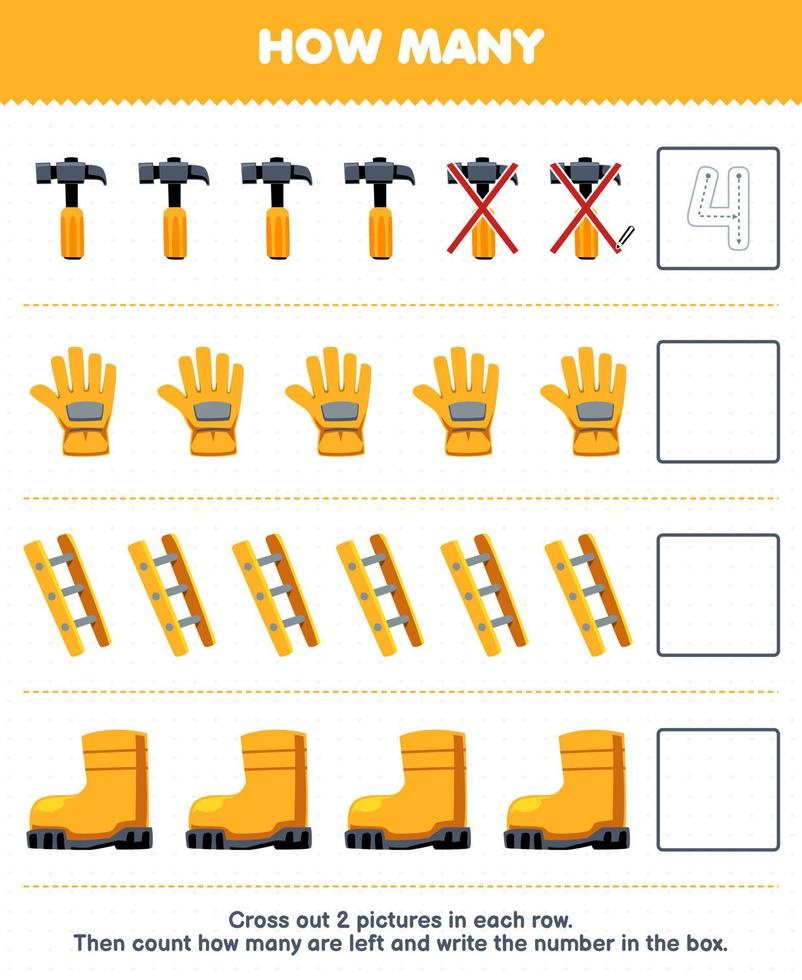 juego educativo para niños cuente cuántos lindos dibujos animados martillo guante escalera bota y escriba el número en la caja hoja de trabajo de herramienta imprimible vector
