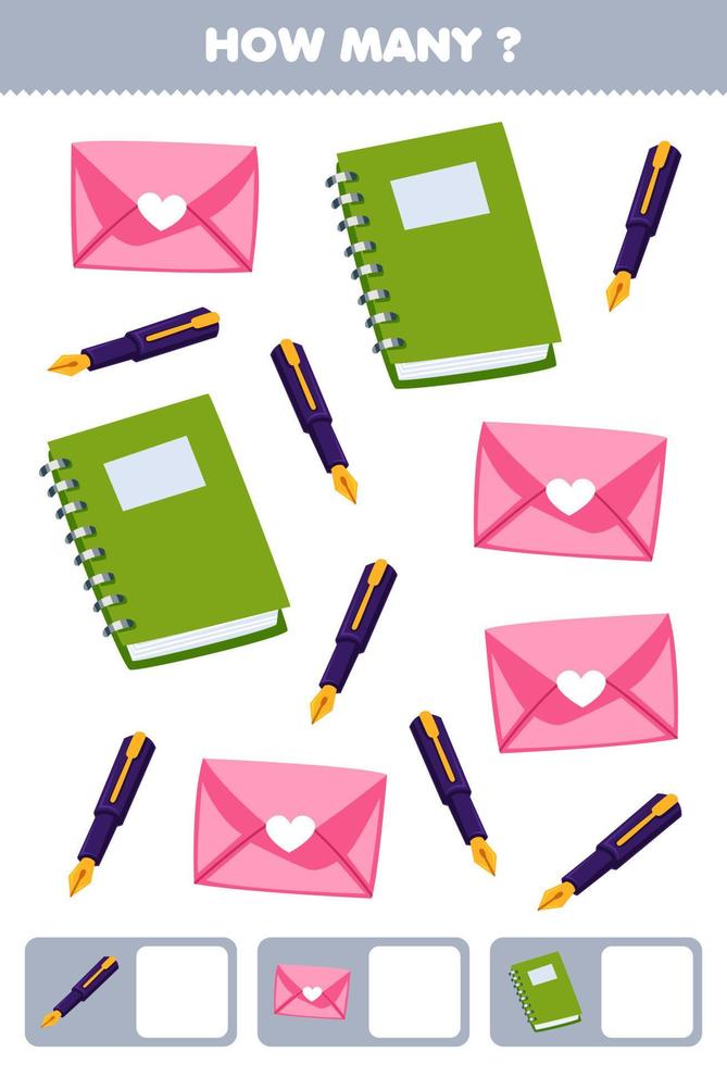 juego educativo para niños buscando y contando cuántos objetos de lindos dibujos animados sobre libro pluma herramienta imprimible hoja de trabajo vector