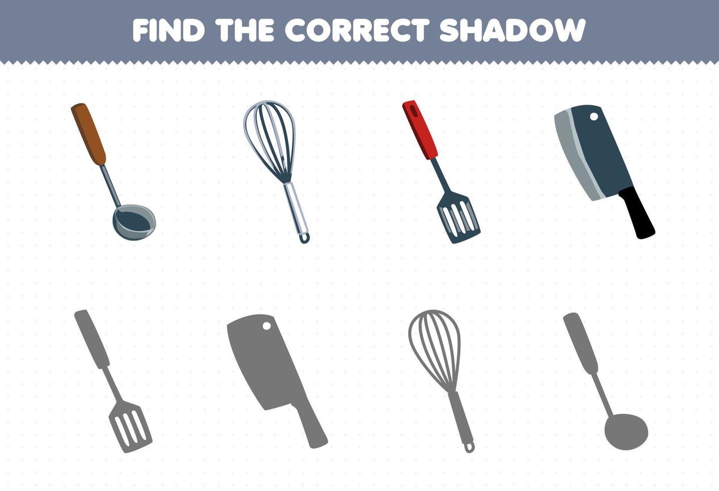 juego educativo para niños encontrar la sombra correcta conjunto de dibujos animados lindo cucharón batidor espátula cuchillo herramienta imprimible hoja de trabajo vector