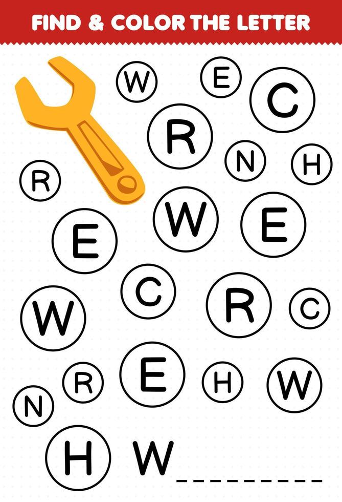 Education game for children find and color letter W for wrench printable tool worksheet vector