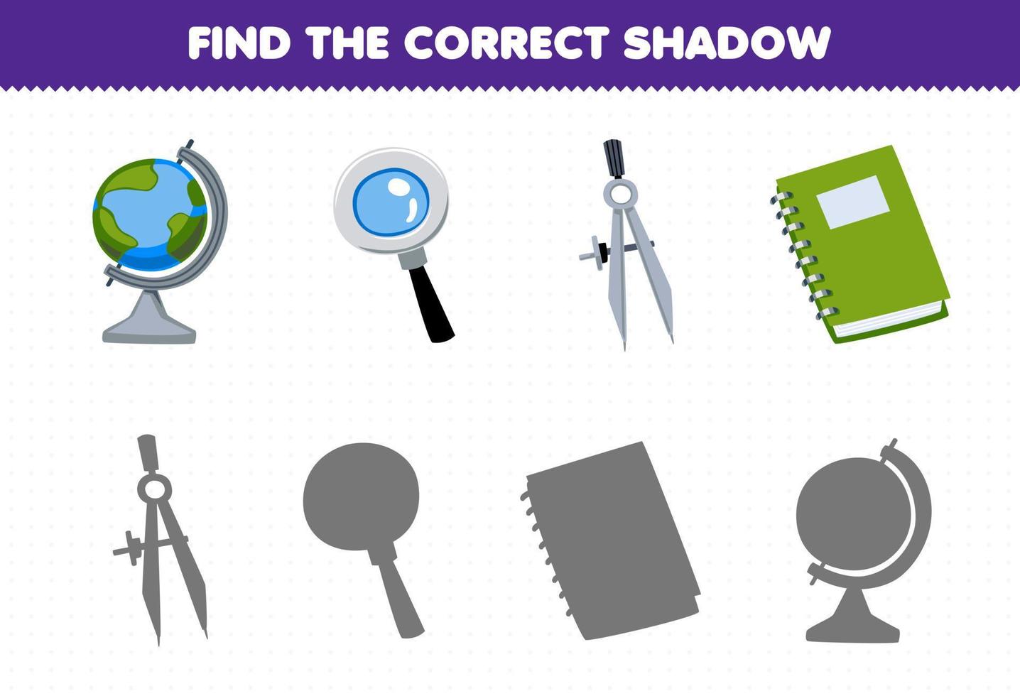 juego educativo para niños encontrar la sombra correcta conjunto de dibujos animados lindo globo lupa divisor libro herramienta imprimible hoja de trabajo vector