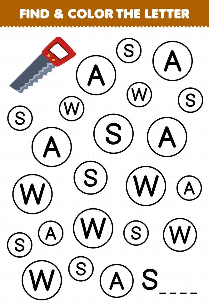 Education game for children find and color letter S for saw printable tool worksheet vector