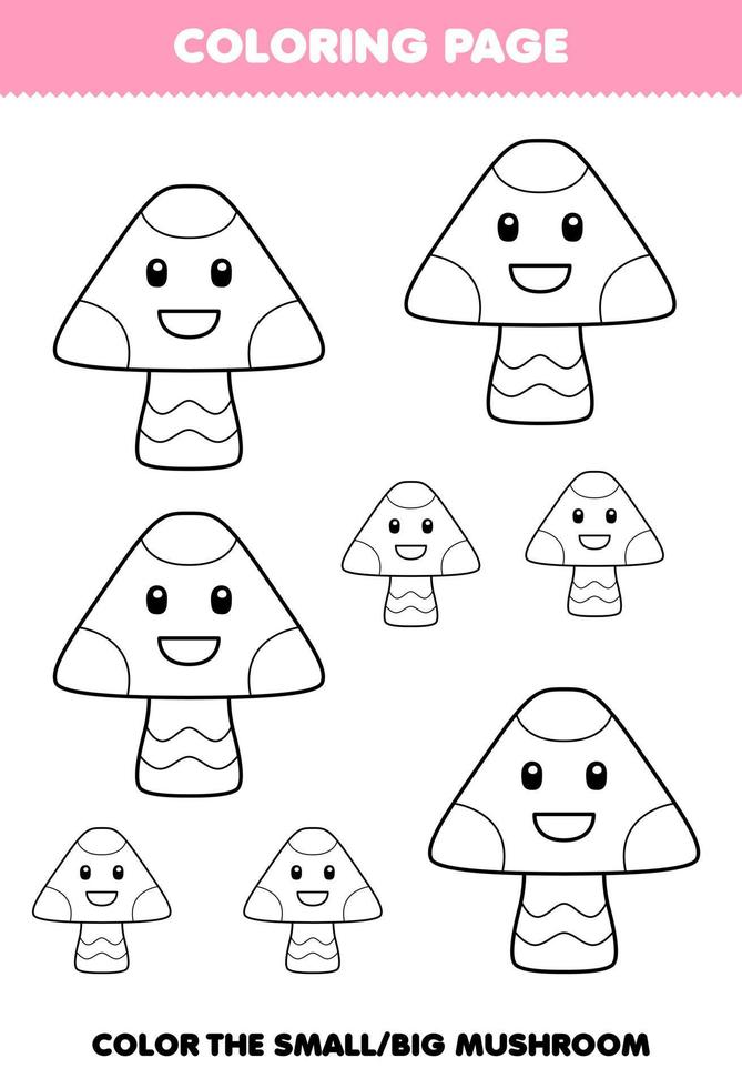 Education game for children coloring page big or small picture of cute cartoon mushroom line art printable nature worksheet vector