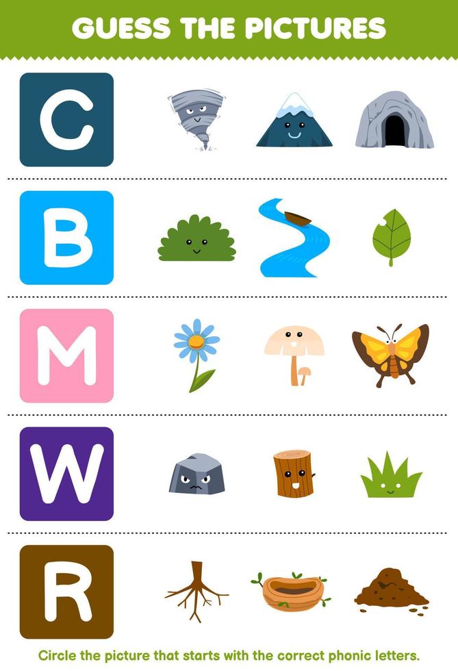 Education game for children guess the correct picture for phonic word that starts with letter C B M W and R printable nature worksheet vector
