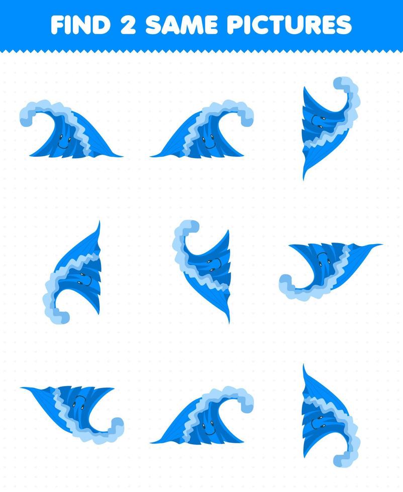 Education game for children find two same pictures of cute cartoon wave printable nature worksheet vector